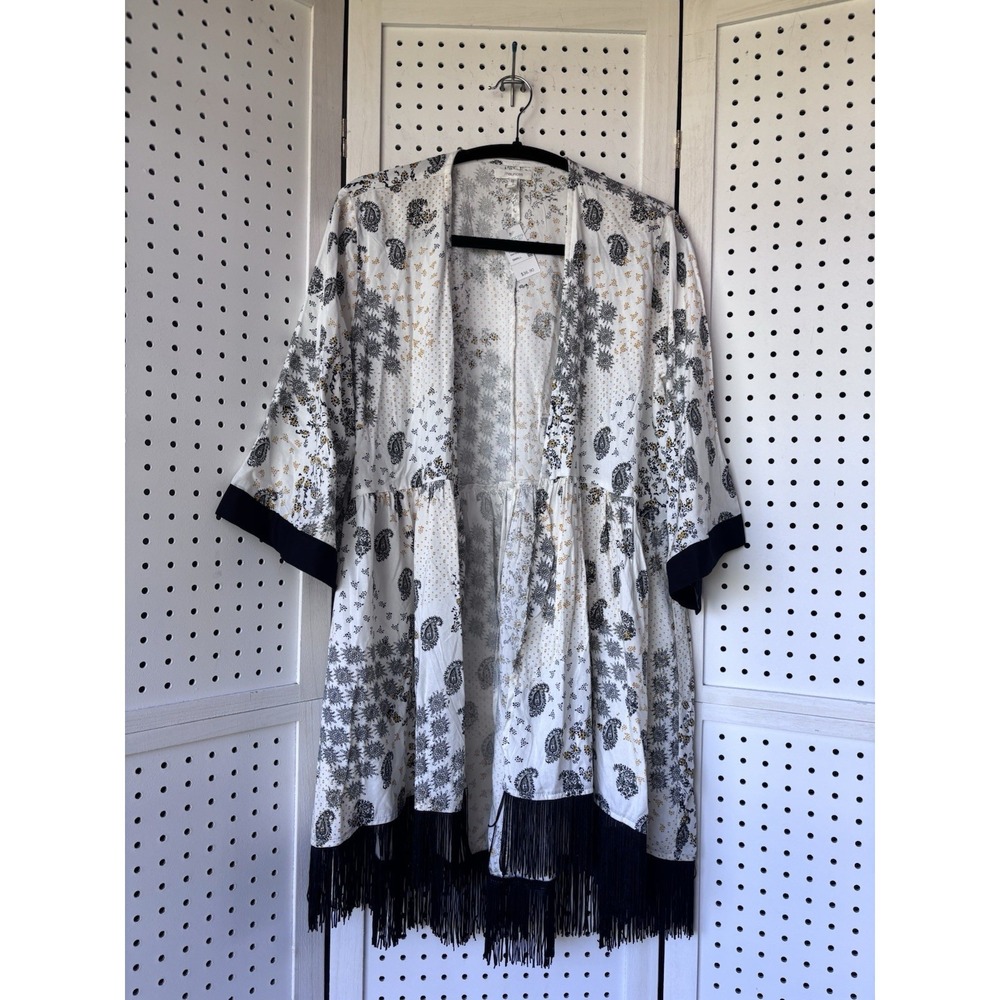 Maurices Women's S Open Front Cardigan Fringe Paisley Boho 3/4 SLV BLK/Yellow